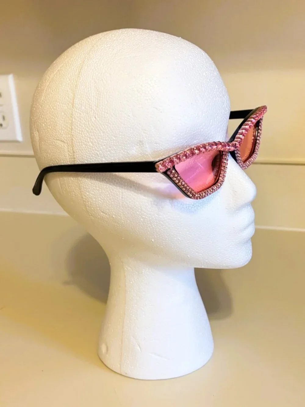 Vintage 1950s MCM Black Cat Eye Sunglasses w/ Pink Starburst & Rhinestone Design